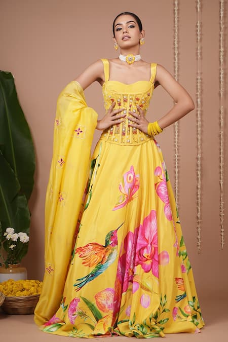 Ahi Clothing Mustard Crepe, Organza, Net Embroidery, Beads, Floral Pattern Lehenga Set 