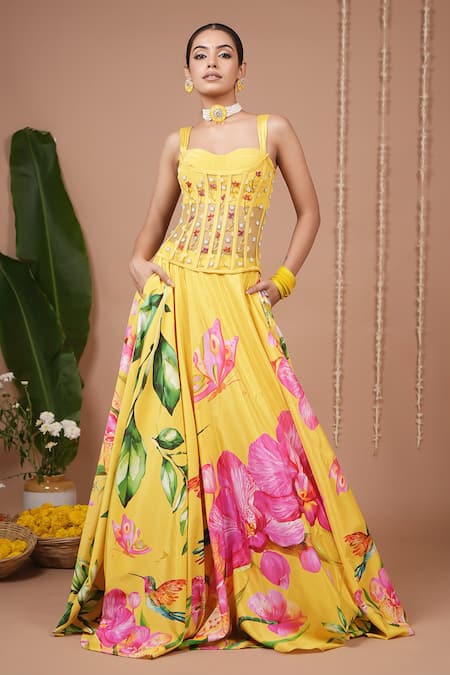 Ahi Clothing_Mustard Crepe, Organza, Net Embroidery, Beads, Floral Pattern Lehenga Set _Online_at_Aza_Fashions