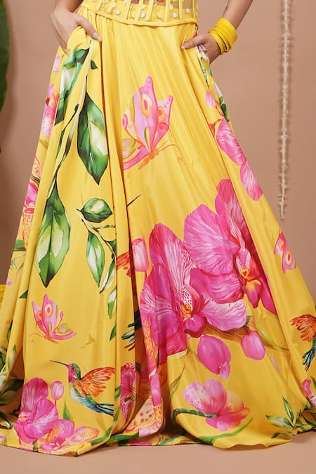 Buy_Ahi Clothing_Mustard Crepe, Organza, Net Embroidery, Beads, Floral Pattern Lehenga Set _Online_at_Aza_Fashions