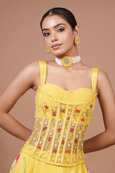 Shop_Ahi Clothing_Mustard Crepe, Organza, Net Embroidery, Beads, Floral Pattern Lehenga Set _Online_at_Aza_Fashions