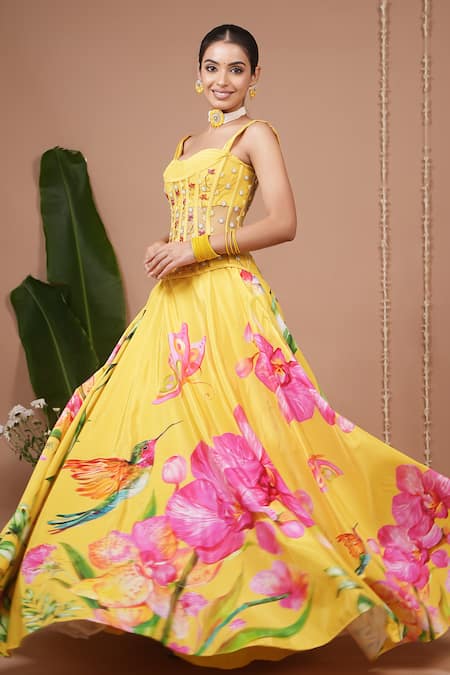 Ahi Clothing_Mustard Crepe, Organza, Net Embroidery, Beads, Floral Pattern Lehenga Set _at_Aza_Fashions