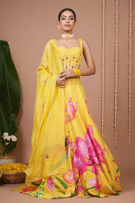 Buy_Ahi Clothing_Mustard Crepe, Organza, Net Embroidery, Beads, Floral Pattern Lehenga Set 