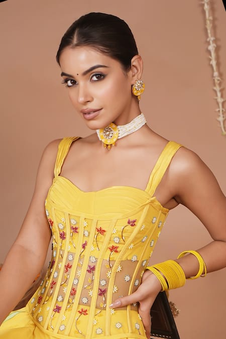 Shop_Ahi Clothing_Mustard Crepe, Organza, Net Embroidery, Beads, Floral Pattern Lehenga Set 