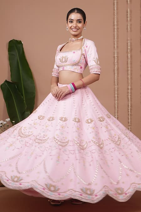 Ahi Clothing_Pink Silk, Organza Embroidery, Zari, Beads Square Floral Pattern Lehenga Set _Online_at_Aza_Fashions