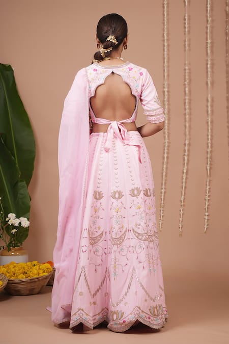 Shop_Ahi Clothing_Pink Silk, Organza Embroidery, Zari, Beads Square Floral Pattern Lehenga Set _at_Aza_Fashions