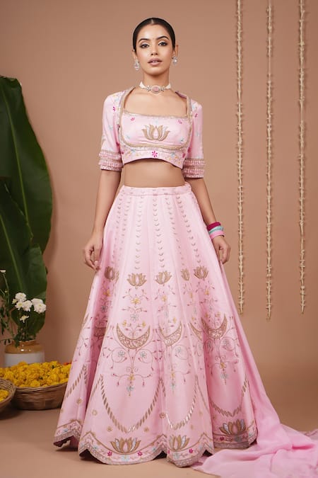 Ahi Clothing_Pink Silk, Organza Embroidery, Zari, Beads Square Floral Pattern Lehenga Set _at_Aza_Fashions