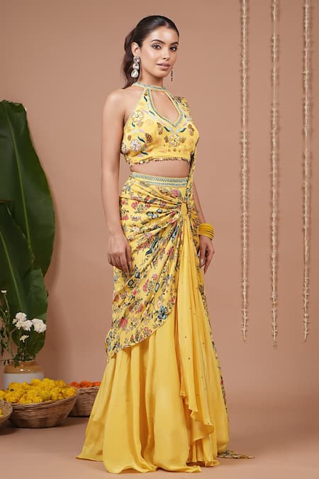 Ahi Clothing_Yellow Crepe Embroidery, Sequins Floral Pattern Pre-draped Saree And Blouse Set _Online_at_Aza_Fashions