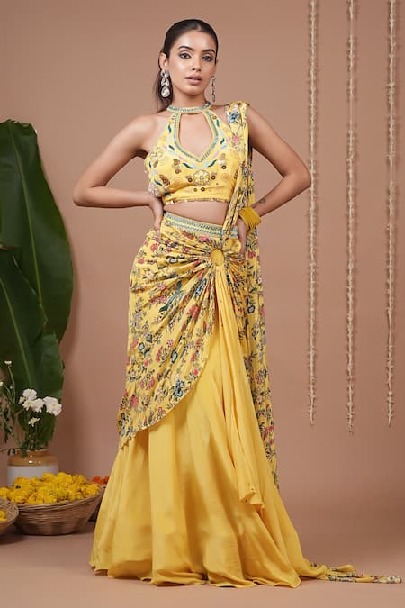 Ahi Clothing Yellow Crepe Embroidery, Sequins Floral Pattern Pre-draped Saree And Blouse Set 