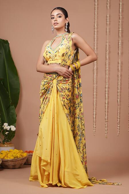 Buy_Ahi Clothing_Yellow Crepe Embroidery, Sequins Floral Pattern Pre-draped Saree And Blouse Set _Online_at_Aza_Fashions