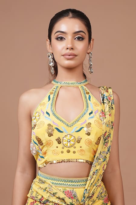 Ahi Clothing_Yellow Crepe Embroidery, Sequins Floral Pattern Pre-draped Saree And Blouse Set _at_Aza_Fashions