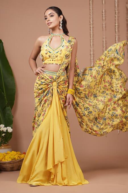 Buy_Ahi Clothing_Yellow Crepe Embroidery, Sequins Floral Pattern Pre-draped Saree And Blouse Set 