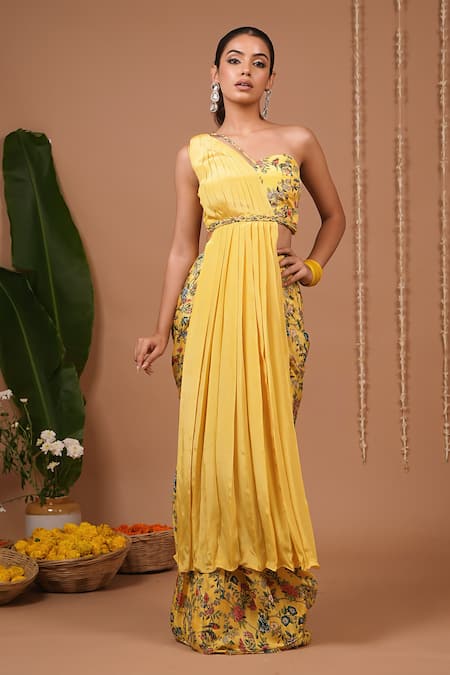 Shop_Ahi Clothing_Yellow Crepe One Shoulder Floral Pattern Pre-draped Saree And Blouse Set _Online_at_Aza_Fashions