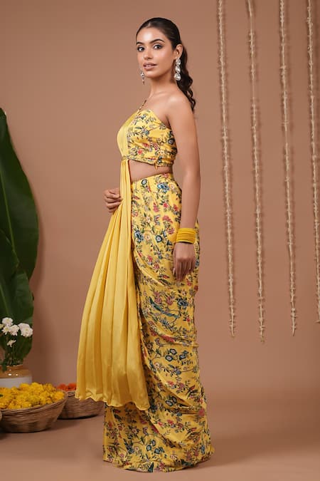 Ahi Clothing_Yellow Crepe One Shoulder Floral Pattern Pre-draped Saree And Blouse Set _at_Aza_Fashions