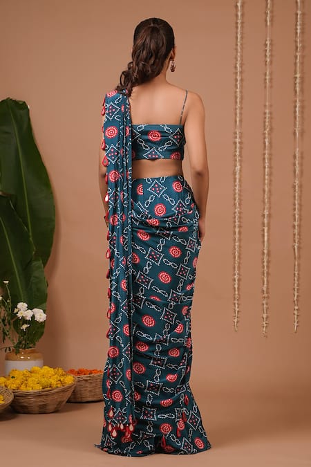 Shop_Ahi Clothing_Teal Crepe Tassels, Mirrors Flower Pattern Pre-draped Saree And Blouse Set _at_Aza_Fashions