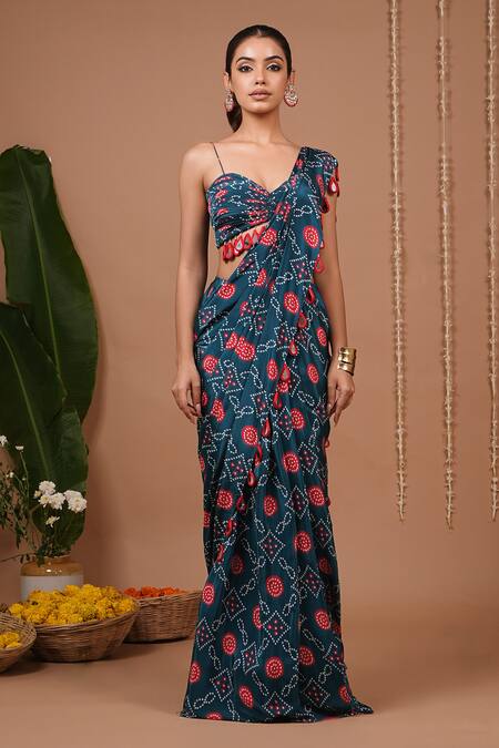 Ahi Clothing_Teal Crepe Tassels, Mirrors Flower Pattern Pre-draped Saree And Blouse Set _Online_at_Aza_Fashions