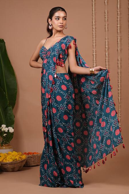 Buy_Ahi Clothing_Teal Crepe Tassels, Mirrors Flower Pattern Pre-draped Saree And Blouse Set _Online_at_Aza_Fashions