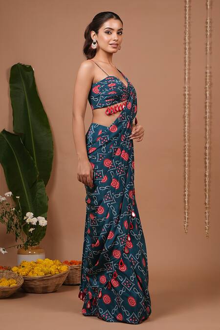 Shop_Ahi Clothing_Teal Crepe Tassels, Mirrors Flower Pattern Pre-draped Saree And Blouse Set _Online_at_Aza_Fashions