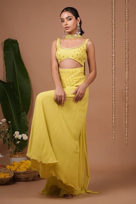 Ahi Clothing_Lime Georgette Mirrors, Crystals, Beads Square Neck Embellished Top And Pant Set _Online_at_Aza_Fashions