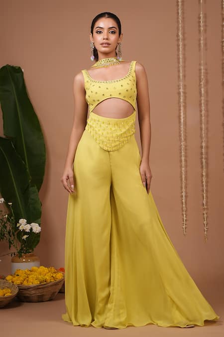 Shop_Ahi Clothing_Lime Georgette Mirrors, Crystals, Beads Square Neck Embellished Top And Pant Set _Online_at_Aza_Fashions
