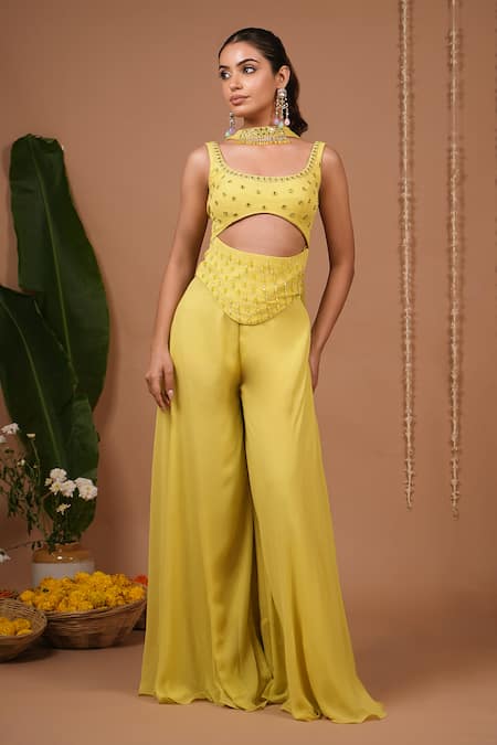 Ahi Clothing_Lime Georgette Mirrors, Crystals, Beads Square Neck Embellished Top And Pant Set _at_Aza_Fashions