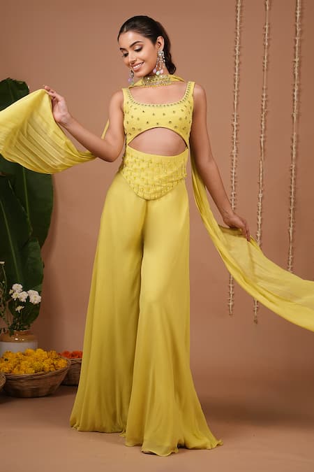 Ahi Clothing Lime Georgette Mirrors, Crystals, Beads Square Neck Embellished Top And Pant Set 