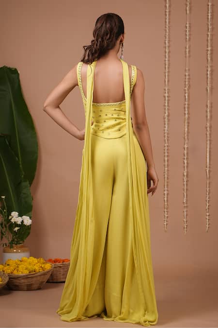 Shop_Ahi Clothing_Lime Georgette Mirrors, Crystals, Beads Square Neck Embellished Top And Pant Set _at_Aza_Fashions