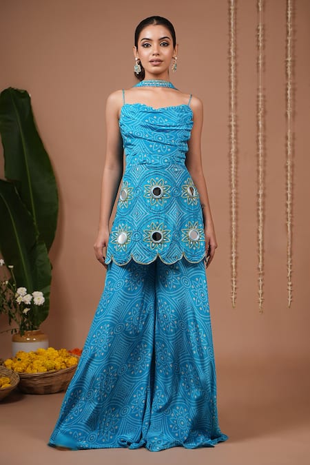 Buy_Ahi Clothing_Aqua Crepe Mirrors, Embroidery, Zari Cowl Neck Floral Pattern Tunic And Pant Set _Online_at_Aza_Fashions