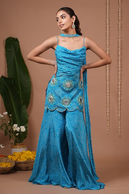 Shop_Ahi Clothing_Aqua Crepe Mirrors, Embroidery, Zari Cowl Neck Floral Pattern Tunic And Pant Set _Online_at_Aza_Fashions