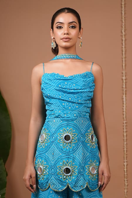Buy_Ahi Clothing_Aqua Crepe Mirrors, Embroidery, Zari Cowl Neck Floral Pattern Tunic And Pant Set 