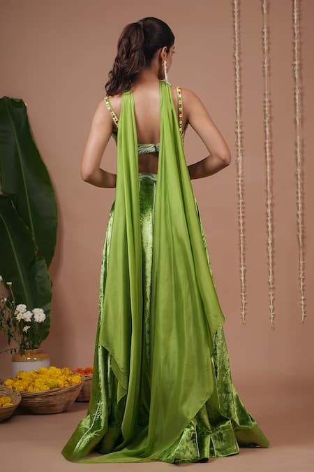 Shop_Ahi Clothing_Green Velvet, Organza Embroidery, Beads, Mirrors Work Blouse And Skirt Set _at_Aza_Fashions