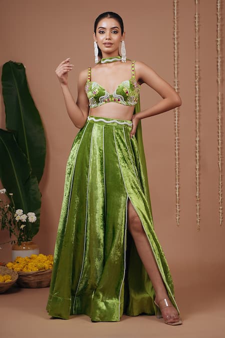 Buy_Ahi Clothing_Green Velvet, Organza Embroidery, Beads, Mirrors Work Blouse And Skirt Set _Online_at_Aza_Fashions