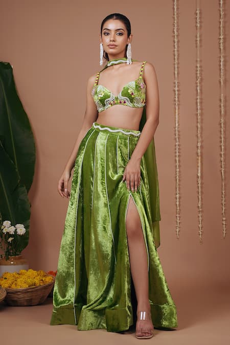 Ahi Clothing Green Velvet, Organza Embroidery, Beads, Mirrors Work Blouse And Skirt Set 