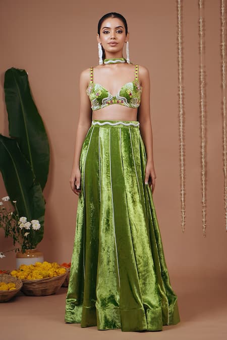 Shop_Ahi Clothing_Green Velvet, Organza Embroidery, Beads, Mirrors Work Blouse And Skirt Set _Online_at_Aza_Fashions
