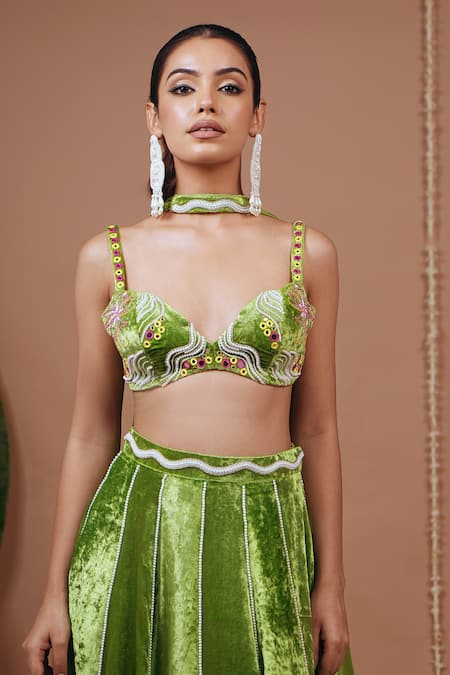 Ahi Clothing_Green Velvet, Organza Embroidery, Beads, Mirrors Work Blouse And Skirt Set _at_Aza_Fashions