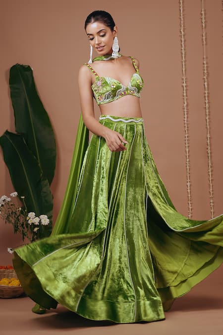 Buy_Ahi Clothing_Green Velvet, Organza Embroidery, Beads, Mirrors Work Blouse And Skirt Set 