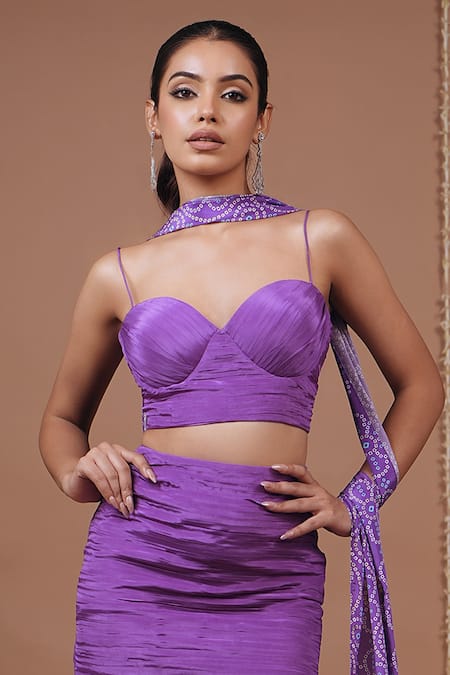 Ahi Clothing_Purple Crepe Sweetheart Neck Structured Top And Bandhani Pattern Skirt Set _Online_at_Aza_Fashions