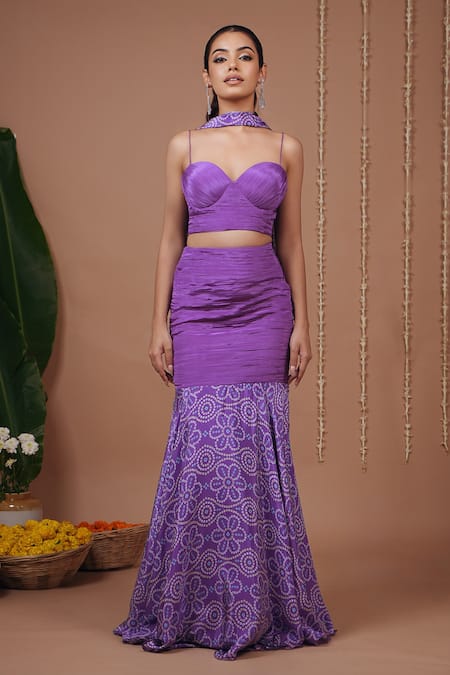 Buy_Ahi Clothing_Purple Crepe Sweetheart Neck Structured Top And Bandhani Pattern Skirt Set _Online_at_Aza_Fashions