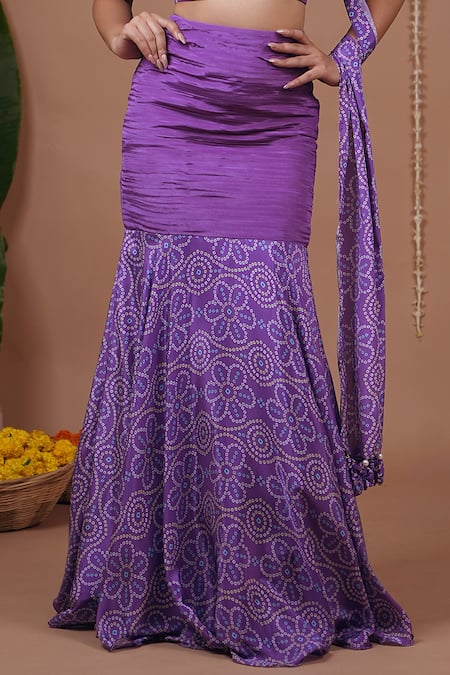 Ahi Clothing_Purple Crepe Sweetheart Neck Structured Top And Bandhani Pattern Skirt Set _at_Aza_Fashions