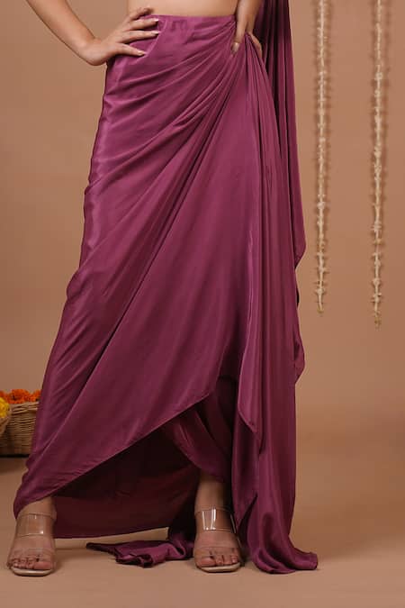 Ahi Clothing_Purple Crepe, Organza Embroidery Pre-draped Saree And Floral Pattern Blouse Set _Online_at_Aza_Fashions
