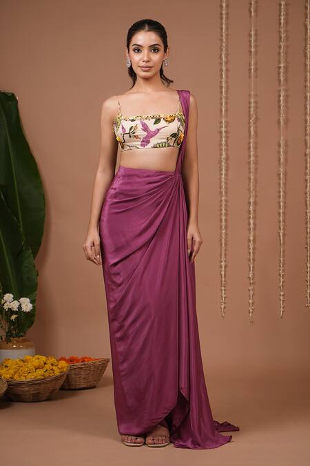 Ahi Clothing_Purple Crepe, Organza Embroidery Pre-draped Saree And Floral Pattern Blouse Set _at_Aza_Fashions