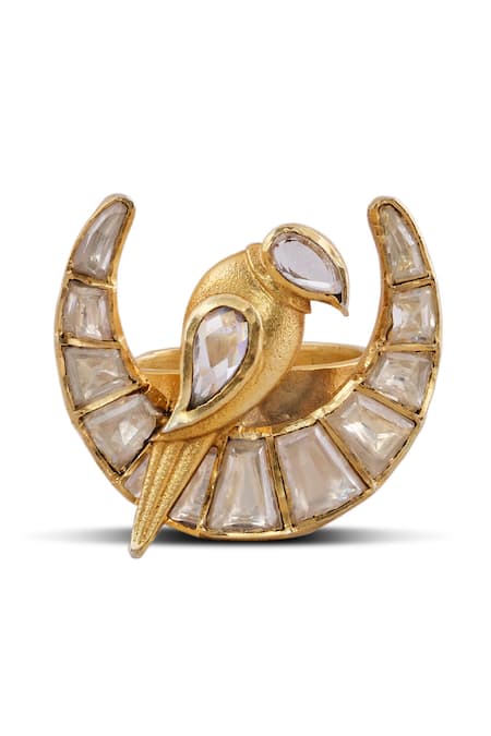 Shop_Anita Dongre_Gold Plated Stones Chakor Bird And Crescent Zircon Ring _at_Aza_Fashions