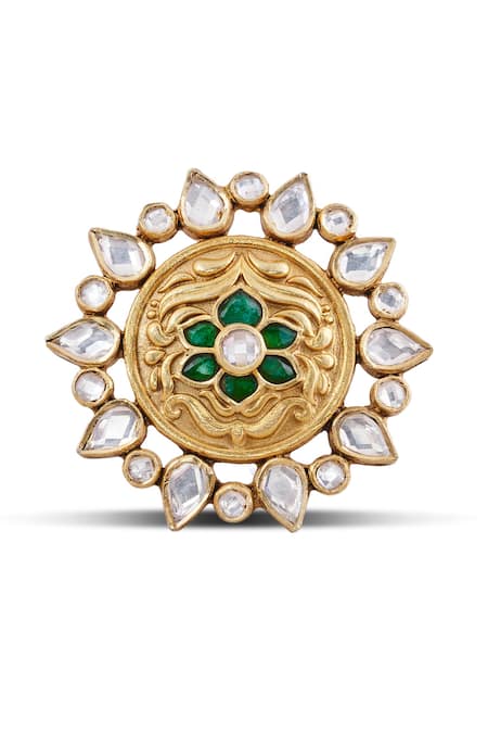 Shop_Anita Dongre_Gold Plated Stones Dilnar Zircon Embellished Floral Motif Ring _at_Aza_Fashions