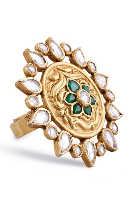Anita Dongre_Gold Plated Stones Dilnar Zircon Embellished Floral Motif Ring _Online_at_Aza_Fashions