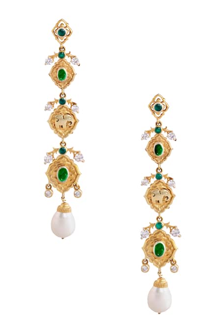 Shop_Anita Dongre_Gold Plated Pearls, Stones Elanur Zircon And Drop Dangler Earrings _at_Aza_Fashions