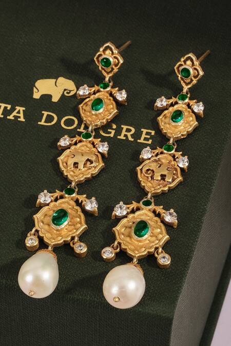 Anita Dongre_Gold Plated Pearls, Stones Elanur Zircon And Drop Dangler Earrings _Online_at_Aza_Fashions