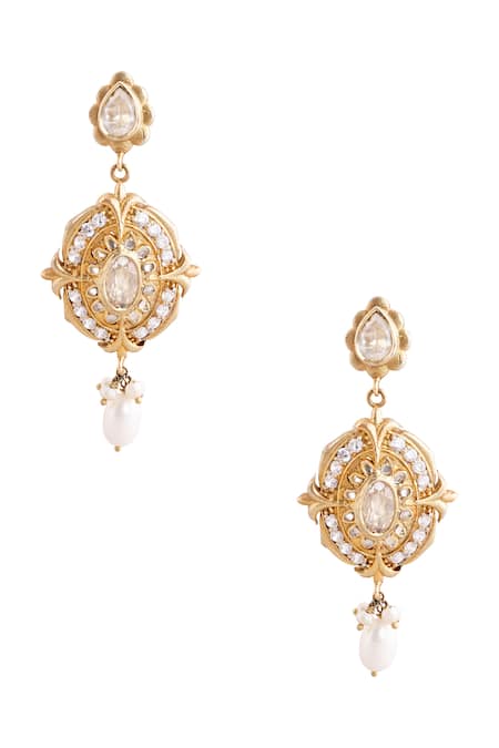 Shop Anita Dongre Gold Plated Stones, Pearls Meghlekha Zircon And Drop Polish Earrings at Aza Fashions Shop_Anita Dongre_Gold Plated Stones, Pearls Meghlekha Zircon And Drop Polish Earrings _at_Aza_Fashions