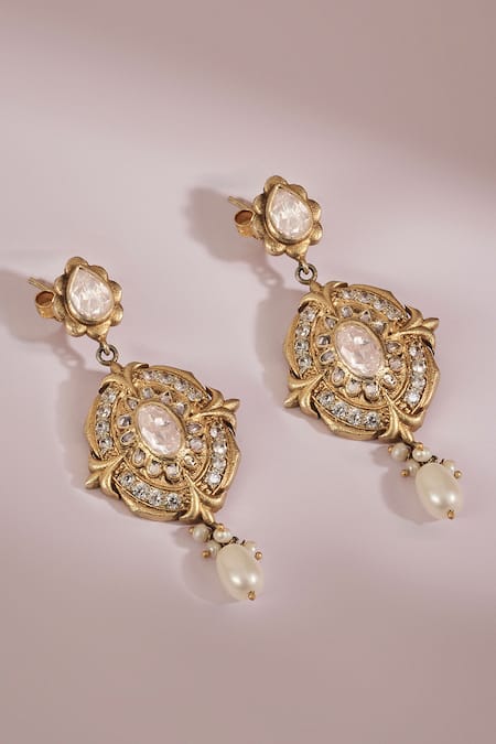 Anita Dongre Meghlekha Zircon & Pearl Drop Gold Polish Earrings 