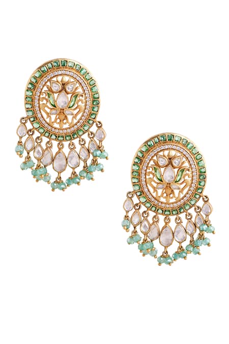 Shop_Anita Dongre_Gold Plated Zari, Stones, Beads Rumeysa Lotus Motif Zircon And Drop Earrings _at_Aza_Fashions