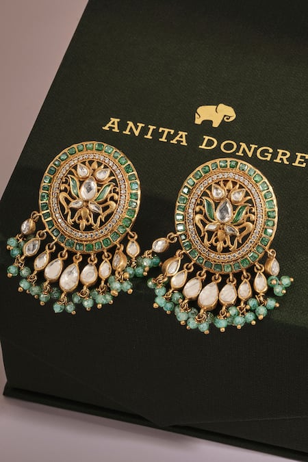 Anita Dongre_Gold Plated Zari, Stones, Beads Rumeysa Lotus Motif Zircon And Drop Earrings _Online_at_Aza_Fashions