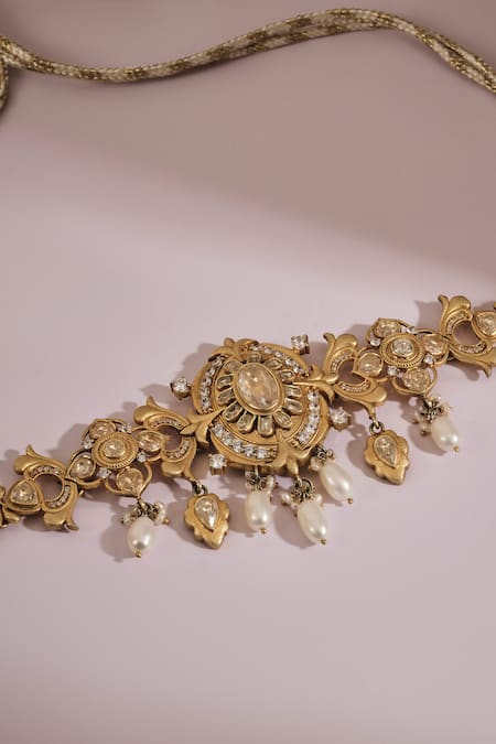 Shop Anita Dongre Gold Plated Manasvita Zircon And Pearl Embellished Choker Necklace at Aza Fashions Shop_Anita Dongre_Gold Plated Manasvita Zircon And Pearl Embellished Choker Necklace _at_Aza_Fashions